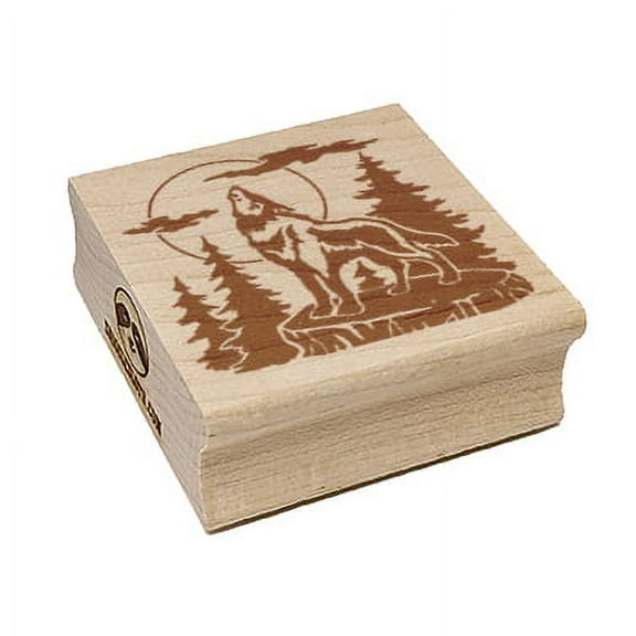 Wild Wolf Howling At the Moon in Forest Square Rubber Stamp Stamping Scrapbooking Crafting - Small 1.25in