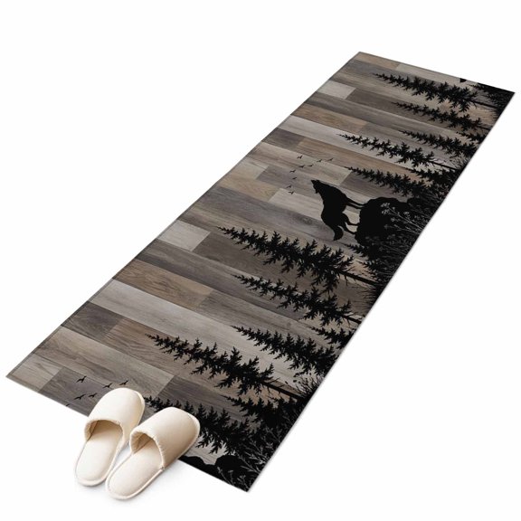 Wild Wolf Kitchen Runner Rug 2x6 Washable Runners for Hallway Non Slip Farmhouse Forest Trees Wood Grain Brown Large Area Rug Indoor Floor Carpet for Bathroom Laundry Entryway Bedroom Living Room