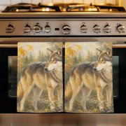Wild Wolf Kitchen Towels Set of 1, Fall Forest Wildlife Maple Leaves Trees Absorbent Dish Towels for Kitchen, Microfiber Hand Towel, Quick Drying Tea Towel for Cleaning Decorative Dishcloths