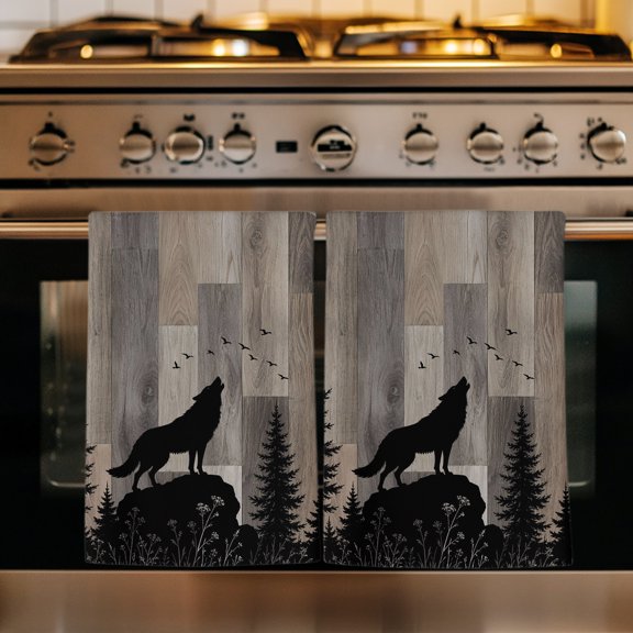 Wild Wolf Kitchen Towels Set of 1, Farmhouse Forest Trees Wood Grain Brown Absorbent Dish Towels for Kitchen, Microfiber Hand Towel, Quick Drying Tea Towel for Cleaning Decorative Dishcloths