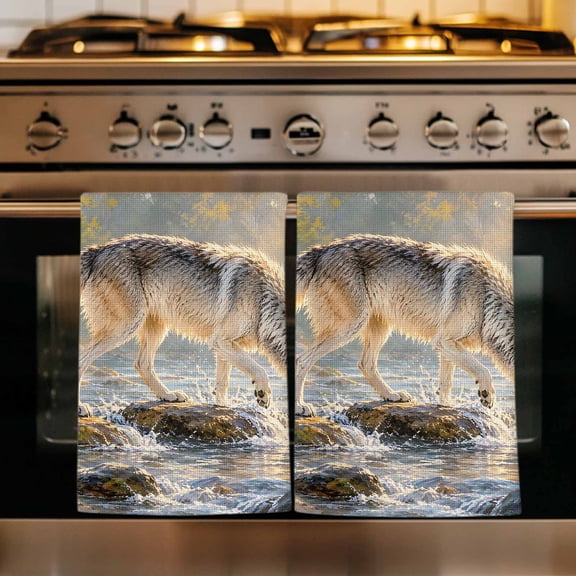 Wild Wolf Kitchen Towels Set of 1, Forest Creek Stone Natural Scenery Absorbent Dish Towels for Kitchen, Microfiber Hand Towel, Quick Drying Tea Towel for Cleaning Decorative Dishcloths