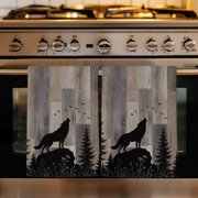 Wild Wolf Kitchen Towels Set of 3, Farmhouse Forest Trees Wood Grain Brown Absorbent Dish Towels for Kitchen, Microfiber Hand Towel, Quick Drying Tea Towel for Cleaning Decorative Dishcloths