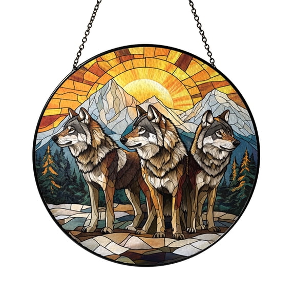 Wild Wolf Mountain Scene Stained Glass Suncatcher Window Hanging Nature Decor