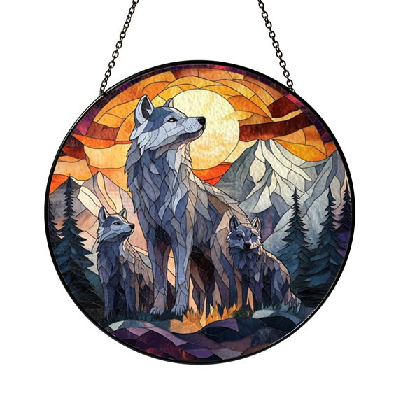 Wild Wolf Pack Beneath Sunset Sky Stained Glass Style Round Window Suncatcher Decor, Powerful Woodland Home Accent Gift