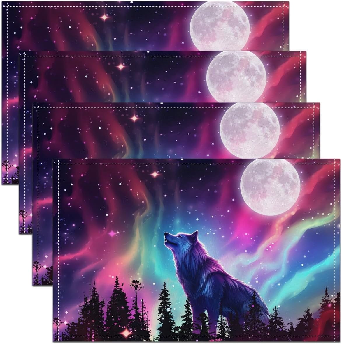 Wild Wolf Placemats 12x18 Inch Set of 4 Colorful Aurora Stripes Starry ...