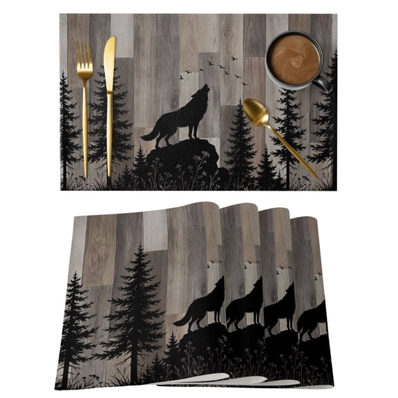 Wild Wolf Placemats Set of 1 Farmhouse Forest Trees Wood Grain Brown Place Mats Indoor Wipeable Table Mats Washable Cloth Dining Table Placemats for Kitchen Holiday Party Home Decor 13x19 Inch