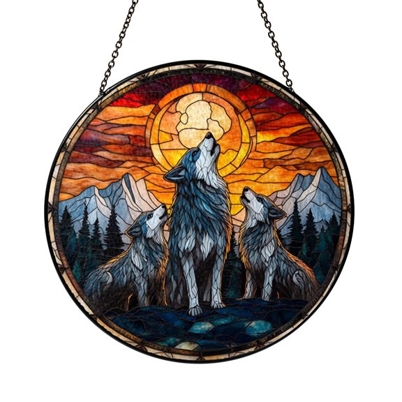 Wild Wolf Scene Stained Glass Style Suncatcher – Window Decor