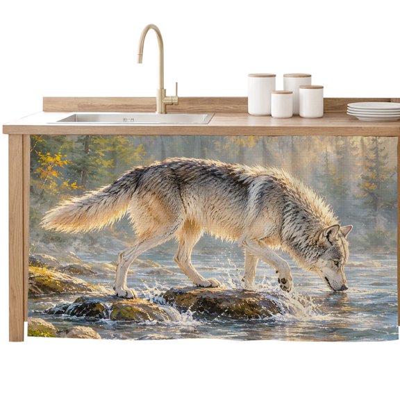 Wild Wolf Sink Skirt for Bathroom, Self-Adhesive Under Sink Curtain, Forest Creek Stone Natural Scenery Hide Pipes & Storage Fabric Cabinet Skirt Cover for Kitchen Laundry 32"x55"