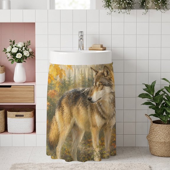 Wild Wolf Small Sink Skirt, Bathroom Vanity Cabinet Adhesive Curtain, Fall Forest Wildlife Maple Leaves Trees Utility Under Sink Cover Decorative Kitchen Cabinet Curtains 10"x11"