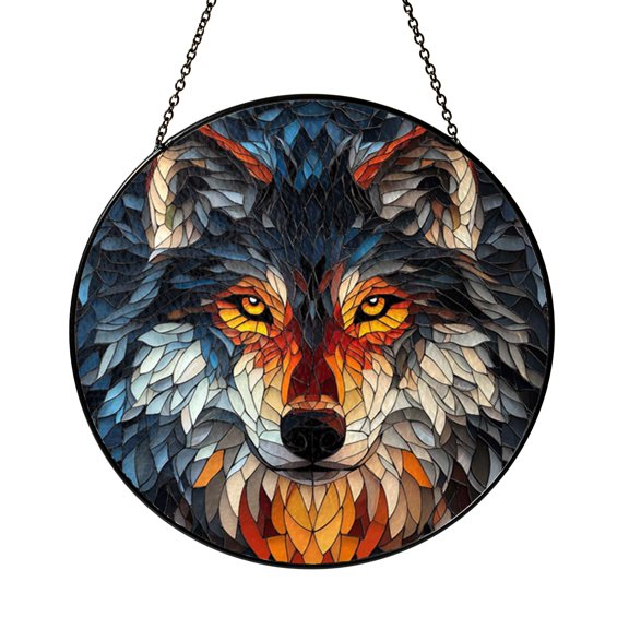 Wild Wolf Stained Glass Style Window Decor, Forest Animal Hanging Decorative Art Panel