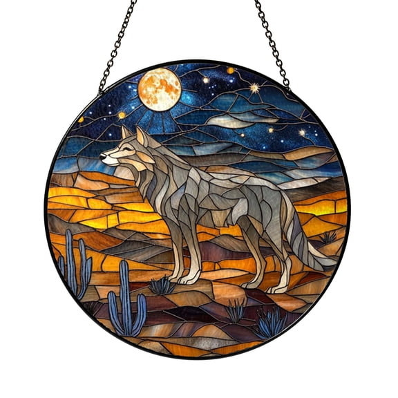 Wild Wolf Stained Glass Suncatcher Window Hanging Decor, Desert Full Moon Stained Glass Style Window Ornament, Nature Animal Art Sun Catcher for Living Room Window Decor