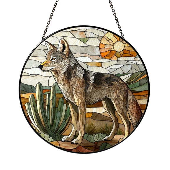 Wild Wolf Stained Glass Suncatcher Window Hanging Decor, Round Desert Landscape and Cactus Glass Art Panel, Decorative Sunset Wolf Scene Window Ornament for Living Room