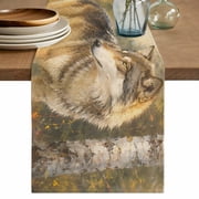 Wild Wolf Table Runner, Fall Forest Wildlife Maple Leaves Trees Washable Cotton Linen Table Runners 36 Inches Long, Dresser Scarf Runner for Nightstand/End Tables/Round Tables 13x36