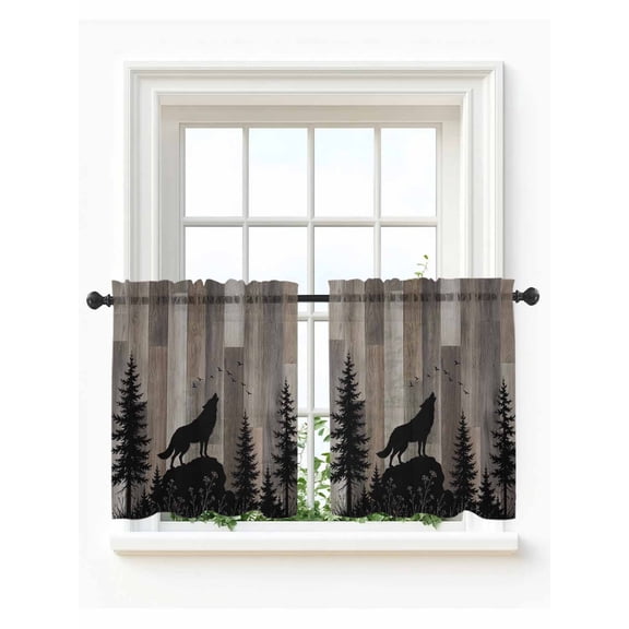 Wild Wolf Tier Curtains 24 Inch Length,Sheer Curtains for Bedroom Living Room Window Farmhouse Forest Trees Wood Grain Brown Rod Pocket Drapes Kitchen Curtains Small Half Window 27.5"x24" 2 Panels