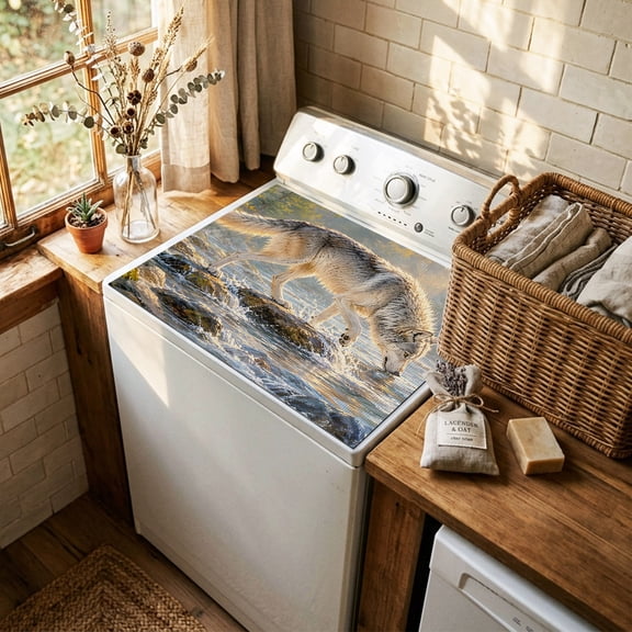 Wild Wolf Washer and Dryer Topper Dustproof Dryer Top Protector Mat Non Slip Forest Creek Stone Natural Scenery Washing Machine Top Cover Pad for Laundry Room Kitchen Countertop Decor 23.6" x 19.7"