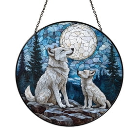Wild Wolf with Cub Night Scene Window Sun Catcher, Colorful Stained Glass Style Hanging Art, Nature Gift
