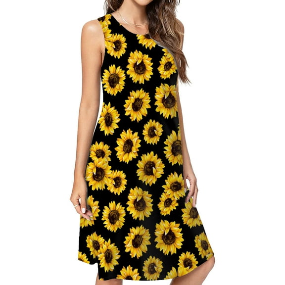Wild Yellow Sunflowers On Black Background Spring Summer Dresses For Women Fashion Dress Casual Sleeveless Loose Sundress With Pockets
