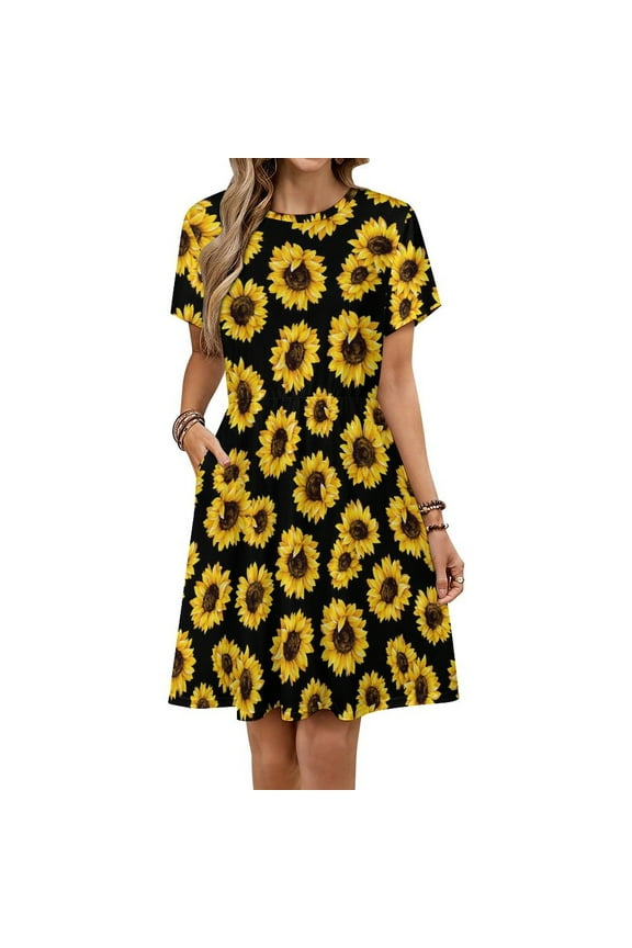 Wild Yellow Sunflowers on Black Background Dress Summer Street Style Dresses Female Short Sleeve Printed Sundress