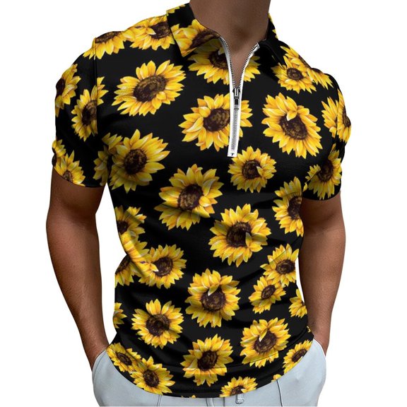 Wild Yellow Sunflowers on Black Background Men Zipper T-shirt Summer Casual Short Sleeve T-shirt Top