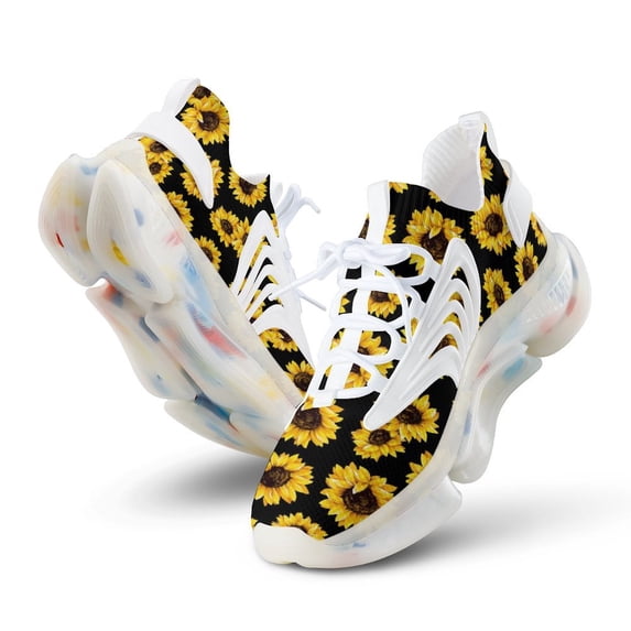 Wild Yellow Sunflowers on Black Background Walking Shoes for Men Woman Lightweight Tennis Fashion Elastic Sports Shoes Cushion Basketball Shoes