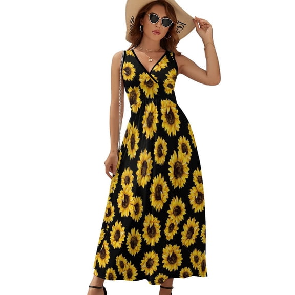 Wild Yellow Sunflowers on Black Background Womens Night Club Maxi Dress V Neck Sleeveless Bohemia Long Dresses
