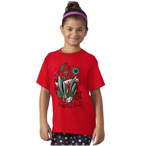 Wild and Free Bald Eagle Rose Tattoo Crewneck T Shirts Boy Girl Teen Brisco Brands X
