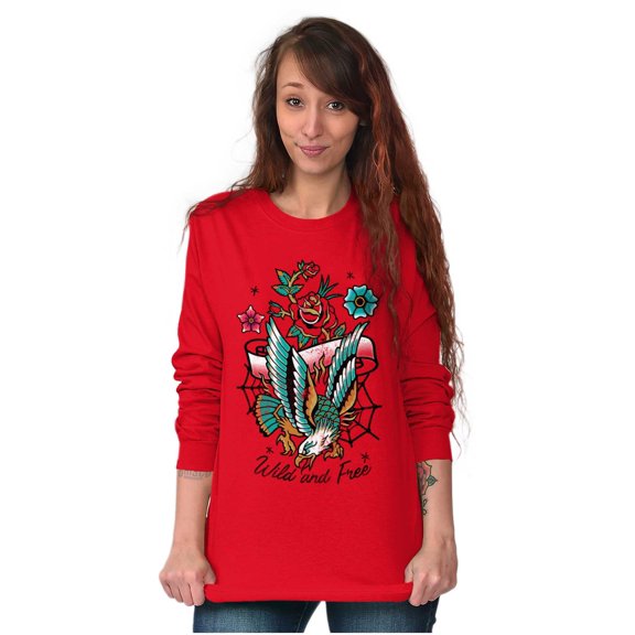Wild and Free Bald Eagle Rose Tattoo Long Sleeve TShirt Men Women Brisco Brands L