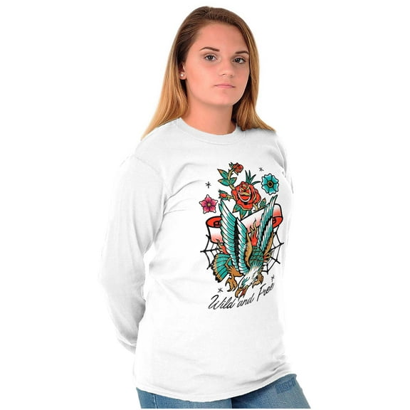 Wild and Free Bald Eagle Rose Tattoo Long Sleeve TShirt Men Women Brisco Brands S