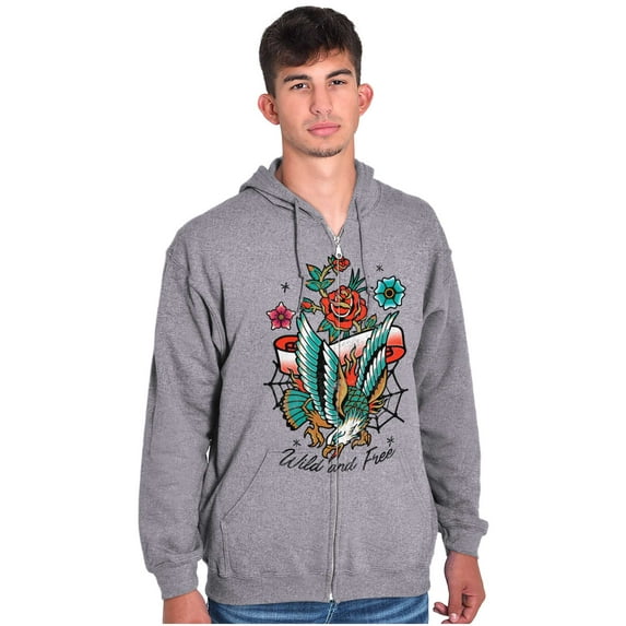 Wild and Free Bald Eagle Rose Tattoo Unisex Fleece Graphic Zip Up Hoodie Brisco Brands 2X