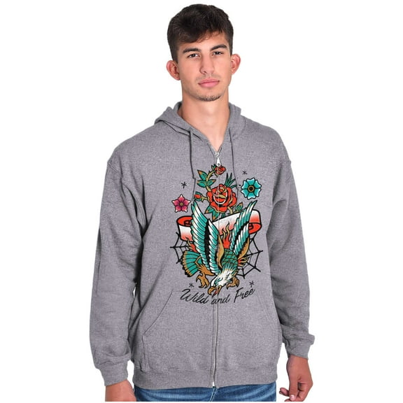 Wild and Free Bald Eagle Rose Tattoo Unisex Fleece Graphic Zip Up Hoodie Brisco Brands 4X