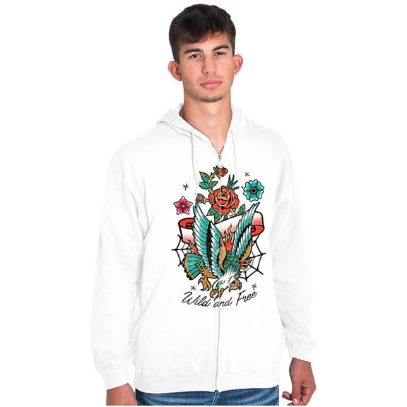 Wild and Free Bald Eagle Rose Tattoo Unisex Fleece Graphic Zip Up Hoodie Brisco Brands 4X