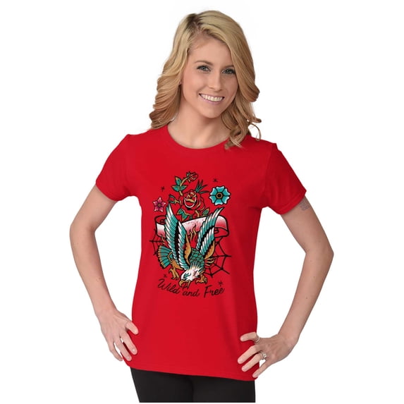 Wild and Free Bald Eagle Rose Tattoo Womens Slim Fit Graphic Tee Brisco Brands S