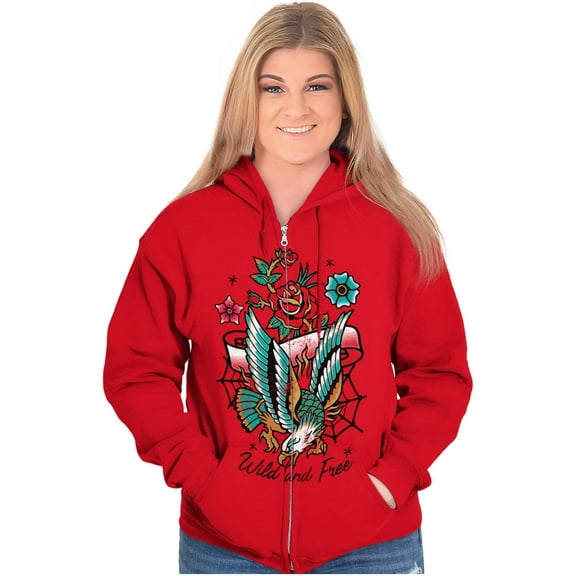 Wild and Free Bald Eagle Rose Tattoo Zip Up Hoodie Men's Women's Brisco Brands L