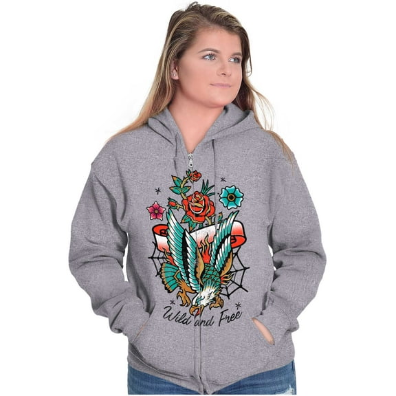 Wild and Free Bald Eagle Rose Tattoo Zip Up Hoodie Men's Women's Brisco Brands S