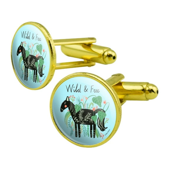 Wild and Free Black Horse Round Cufflink Set Gold Color
