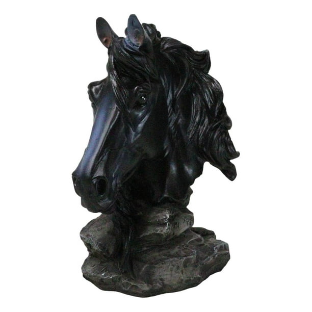 Wild and Free Black Stallion Equine Horse Bust On Rocky Pillar Base