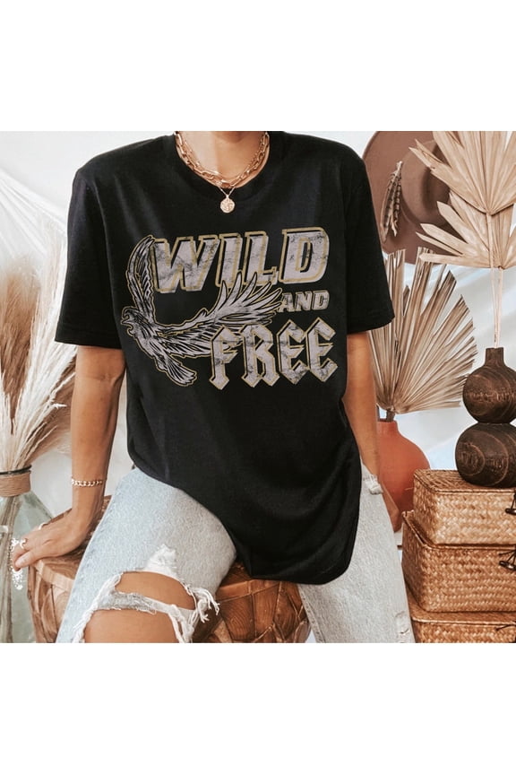 Wild and Free Distressed Eagle Shirt, Vintage Rocker Thunderbird Graphic Tee, Boho Retro Freedom Design, Unisex Cotton T-Shirt, Size S-5XL