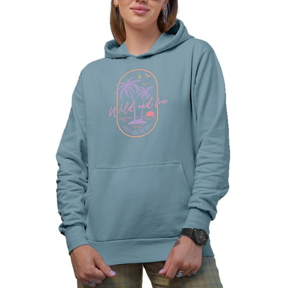 Wild and Free Just Like the Sea with Palm Trees, Beach or Summer Art Merch Gift, Light Blue Hooded Sweatshirt or Hoodie, Small