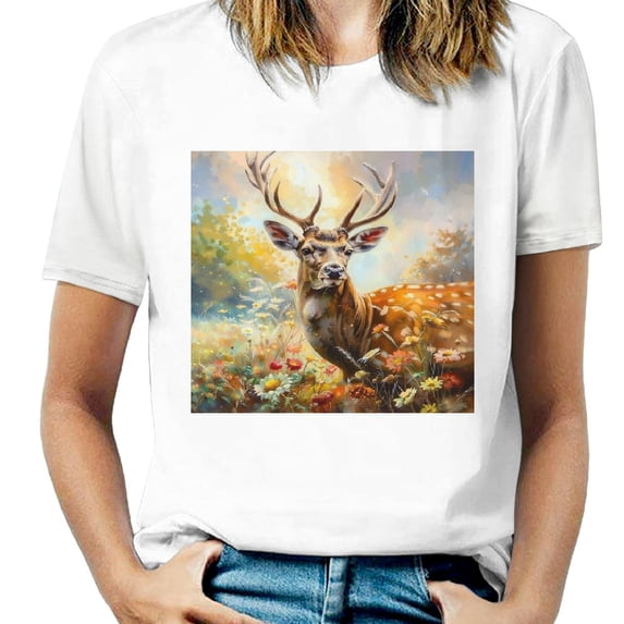 Wild animal elk pattern casual short sleeved men's and women's spring/summer casual top T-shirt, pure cotton short sleeved, click to choose size