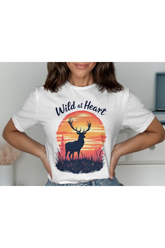 Wild at Heart Deer T-Shirt Animal Silhouette Tee Sunset Design Nature Lover Shirt Graphic Top Trendy T Shirt Gift for Men Women