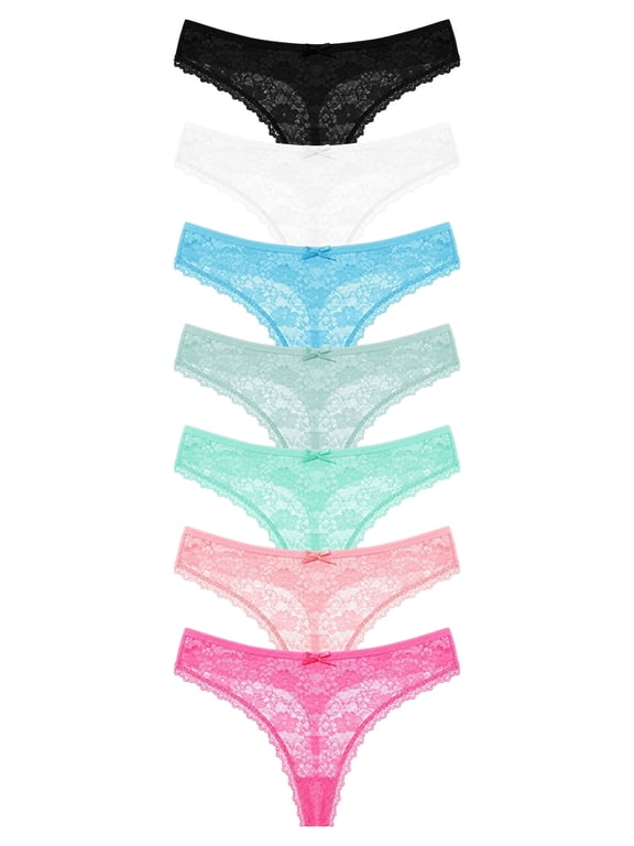 7 Pack Lace Thongs for Women Sexy Stretch T Back Panties, XS-XL