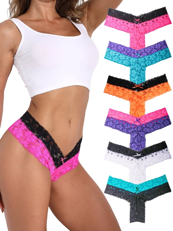 Lace Thongs for Women, Two-tone Spliced Panties, 6 Pack, Sizes S-2XL