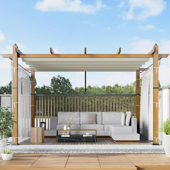 WildBreak 10 x 13 feet Outdoor Pergola, with Canopy and Side Mesh Screen, Beige & White