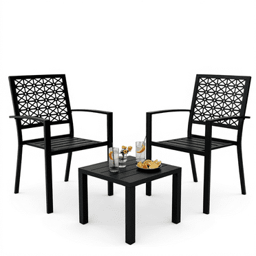 WildBreak 3 Piece Outdoor Patio Bistro Dining Set, 1 Metal Table & 2 Patio Chairs, Black