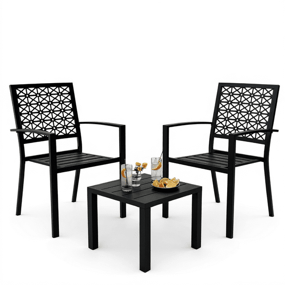 WildBreak 3 Piece Outdoor Patio Bistro Dining Set, 1 Metal Table & 2 Patio Chairs, Black