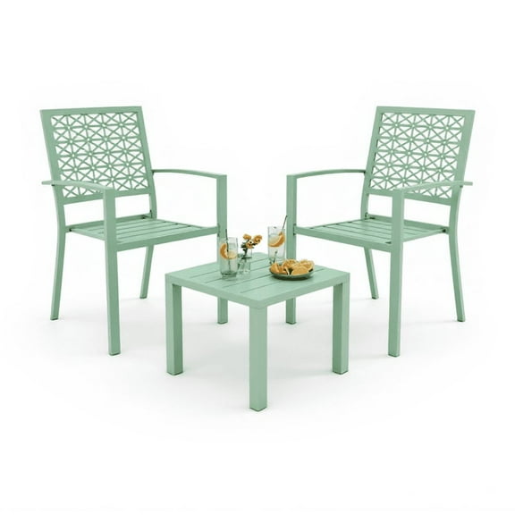 WildBreak 3 Piece Outdoor Patio Bistro Dining Set, 1 Metal Table & 2 Patio Chairs, Green