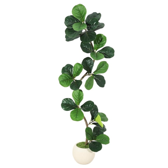 WildBreak Artificial Fiddle Leaf Fig Tree 5ft Tall–Large Fake Plant in White Planter for Living Room
