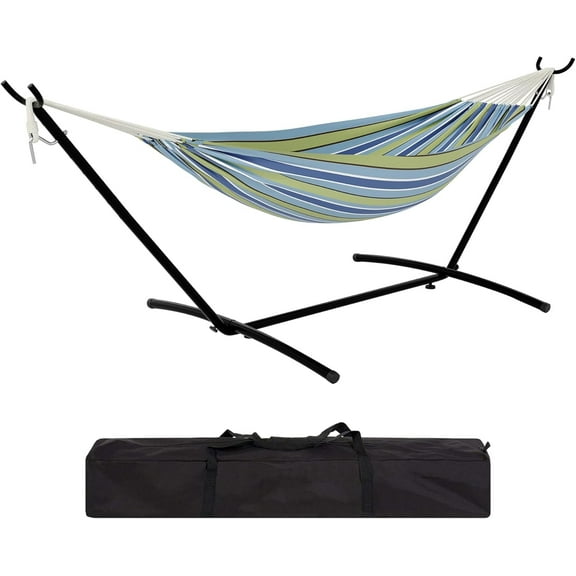 WildBreak Double Hammock 107.5 x 42.9 x 39.3", for 2-Persons, with Steel Stand, Blue & Green
