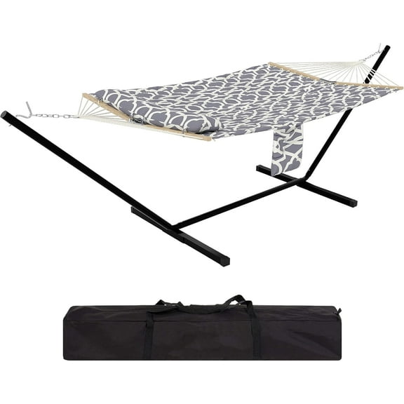 WildBreak Double Hammock, V Shape Frame, Stand & Carry Bag, 143.7 x 36.2 x 43.3", Gray Geometric