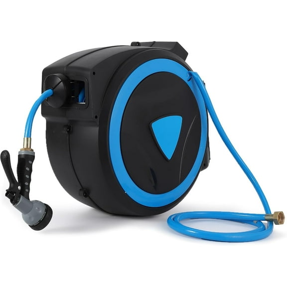 WildBreak Garden Hose Reel 1/2 Inch x 100 ft, Heavy Duty, with 9 Pattern Nozzle, Black & Blue